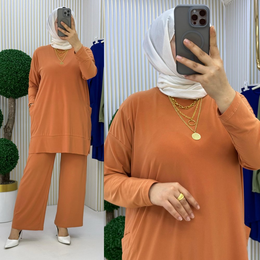 Sandy Kumaş Full Likralı Esnek Kumaş Cep Detay Pantolonlu Alt Üst Takım