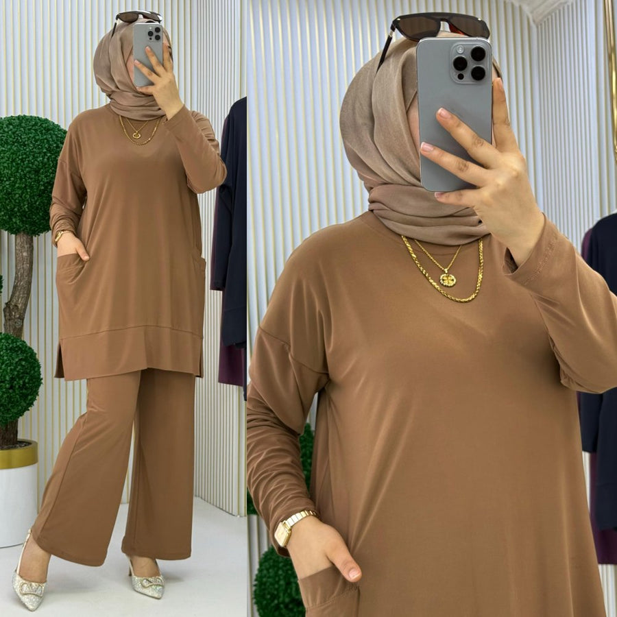 Sandy Kumaş Full Likralı Esnek Kumaş Cep Detay Pantolonlu Alt Üst Takım
